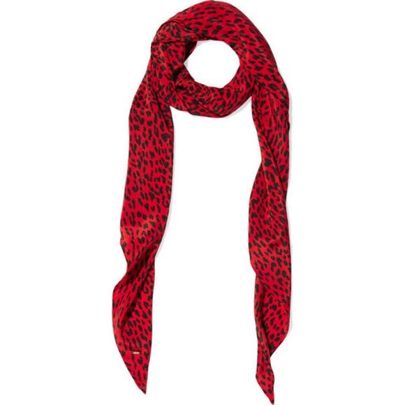 Saint Laurent Red Italian Silk Leopard Animal Print Scarf New Retails $375 - Picture 1 of 5